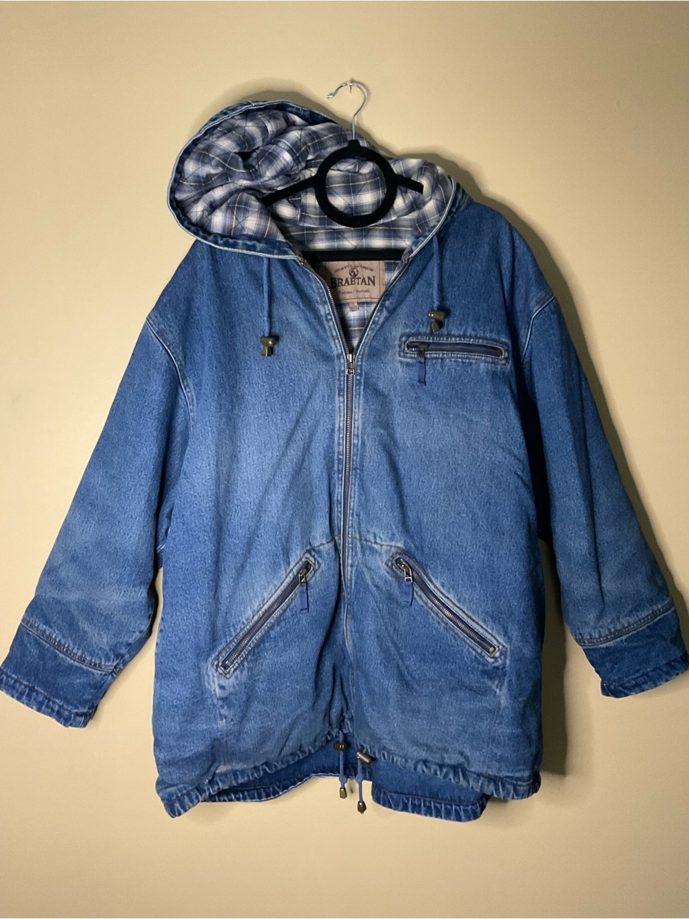 Braetan Plus Blue Denim Hoodie Jacket with Plaid Lining